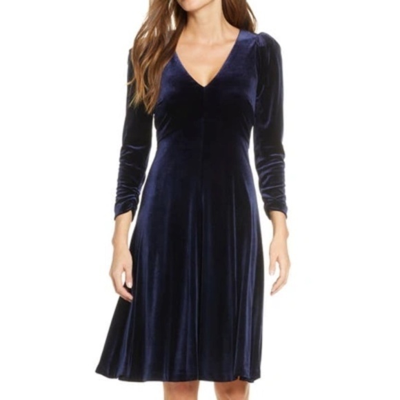 Eliza JLong Sleeve V-neck A-line Velvet Dress In Navy